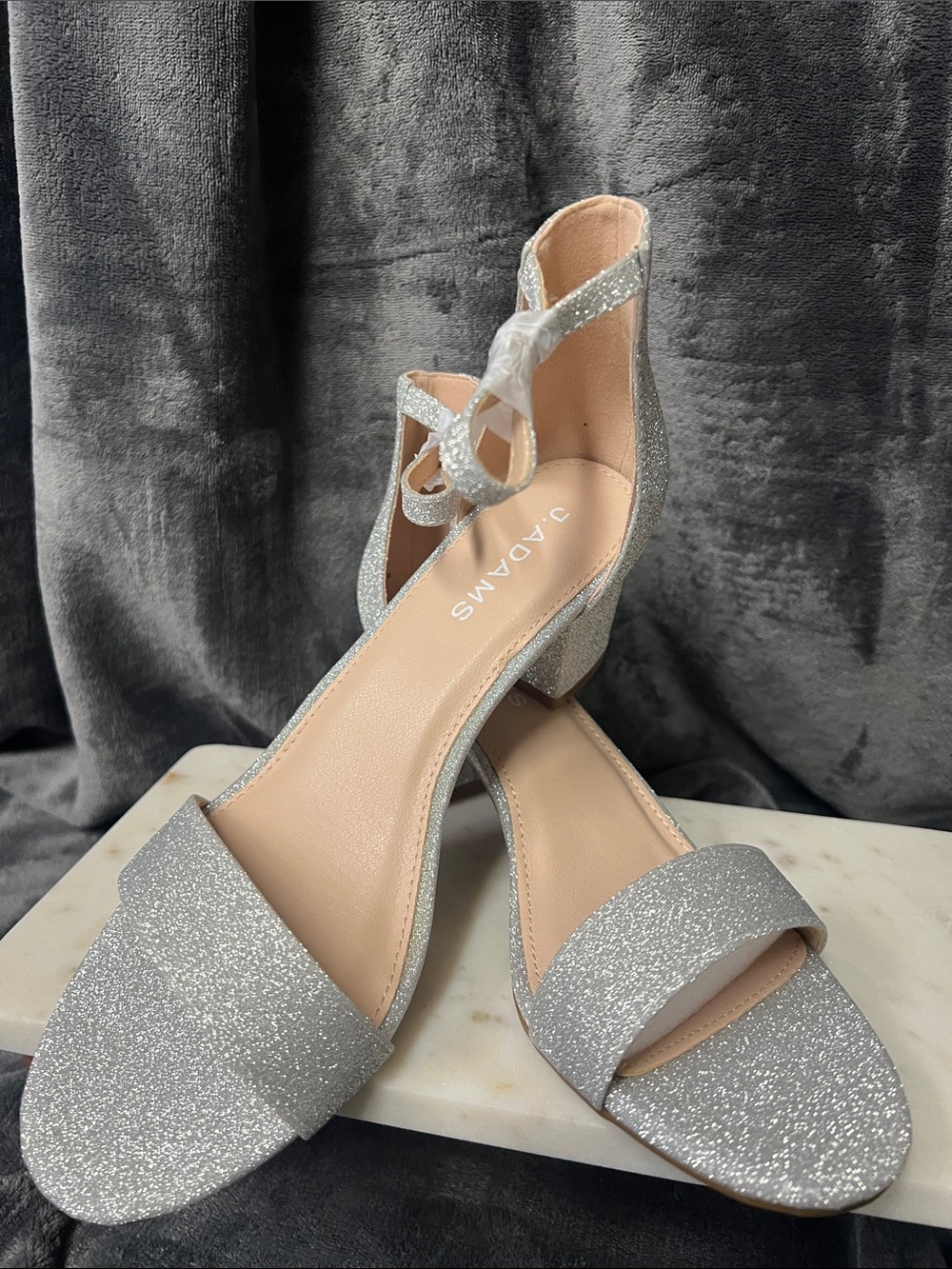 J Adams Silver shimmering Glitter Ankle-Strap Block Heels size 8